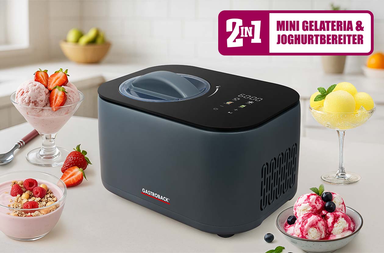 GASTROBACK® Eismaschine - 42901 - Mini Gelateria 2-in-1 Kompressor-Eismaschine 1 l - Eismaschine und Joghurtbereiter ohne Vorkühlen, kompakt, leise und leistungsstark