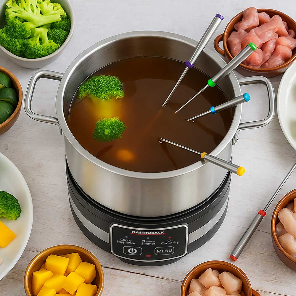 GASTROBACK® Fondue - 42568 - Fondue Multicook 4-in-1 & Kochplatte - 13 teiliges Fondue-Set mit induktiver Bratpfanne und Kochtopf für bis zu 8 Personen - Brühen-Fondue