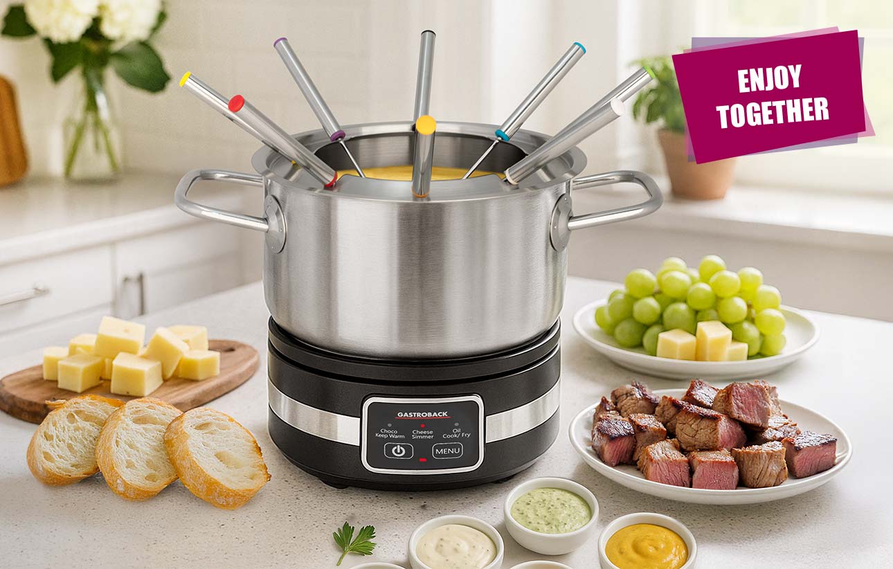GASTROBACK® Fondue - 42568 - Fondue Multicook 4-in-1 & Cooking Plate - 13-piece fondue set with induction frying pan and cooking pot for up to 8 people