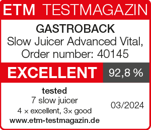 GASTROBACK® Juicer - 40145 - Slow Juicer Advanced Vital - ETM Testmagazin 03/2024 GASTROBACK® Juicer - 40145 - Slow Juicer Advanced Vital - ETM Testmagazin 03/2024