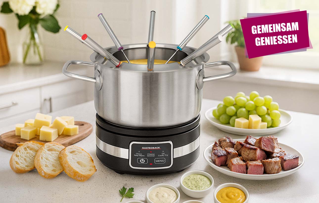 GASTROBACK® Fondue - 42568 - Fondue Multicook 4-in-1 & Kochplatte - 13 teiliges Fondue-Set mit induktiver Bratpfanne und Kochtopf für bis zu 8 Personen