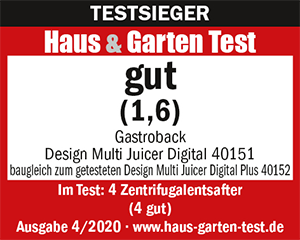 TESTSIEGER Zentrifugalentsafter - GASTROBACK® Entsafter - 40151 - Design Multi Juicer Digital - Haus & Garten Test - 4/2020 TESTSIEGER Zentrifugalentsafter - GASTROBACK® Entsafter - 40151 - Design Multi Juicer Digital - Haus & Garten Test - 4/2020
