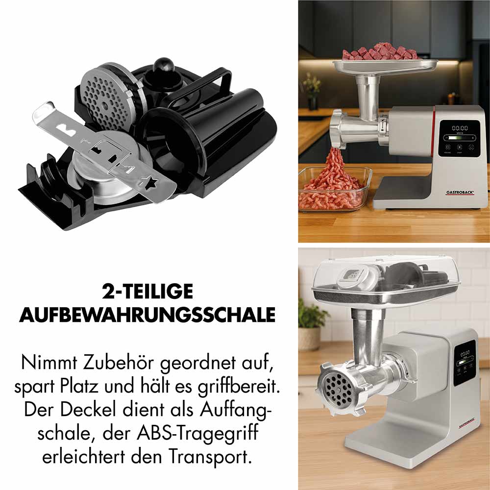GASTROBACK® Fleischwolf - 41410 - Design Fleischwolf 6-in-1 Power Pro #10 - 2-teilige aufbewahrungsschale Nimmt Zubehör geordnet auf, spart Platz und hält es griffbereit. Der Deckel dient als Auffangschale, der ABS-Tragegriff erleichtert den Transport. GASTROBACK® Fleischwolf - 41410 - Design Fleischwolf 6-in-1 Power Pro #10 - 2-teilige aufbewahrungsschale Nimmt Zubehör geordnet auf, spart Platz und hält es griffbereit. Der Deckel dient als Auffangschale, der ABS-Tragegriff erleichtert den Transport.