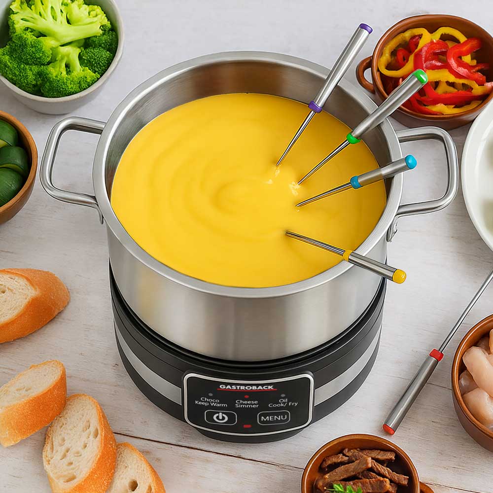 GASTROBACK® Fondue - 42568 - Fondue Multicook 4-in-1 & Kochplatte - 13 teiliges Fondue-Set mit induktiver Bratpfanne und Kochtopf für bis zu 8 Personen - Käse-Fondue