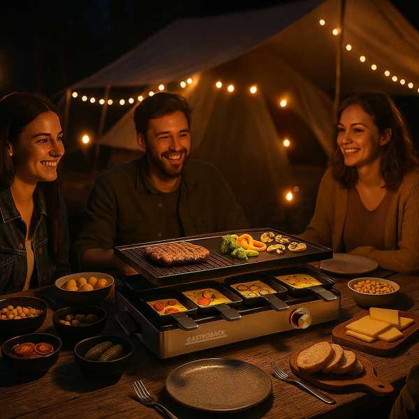 GASTROBACK - 42563 - Raclette Grill & Pancake Station - für 8 Personen - 2-in-1 - vielseitiges Multifunktionsgerät - XXL-Doppelpfaennchen