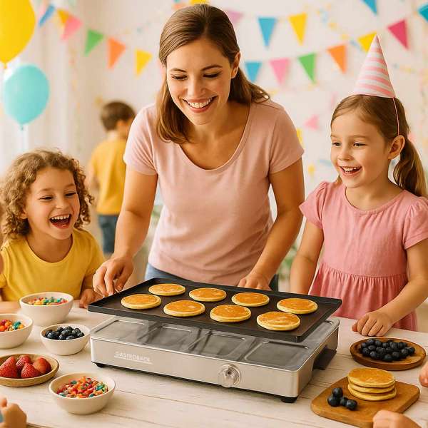 GASTROBACK - 42563 - Raclette Grill & Pancake Station - für 8 Personen - 2-in-1 - vielseitiges Multifunktionsgerät - XXL-Doppelpfaennchen