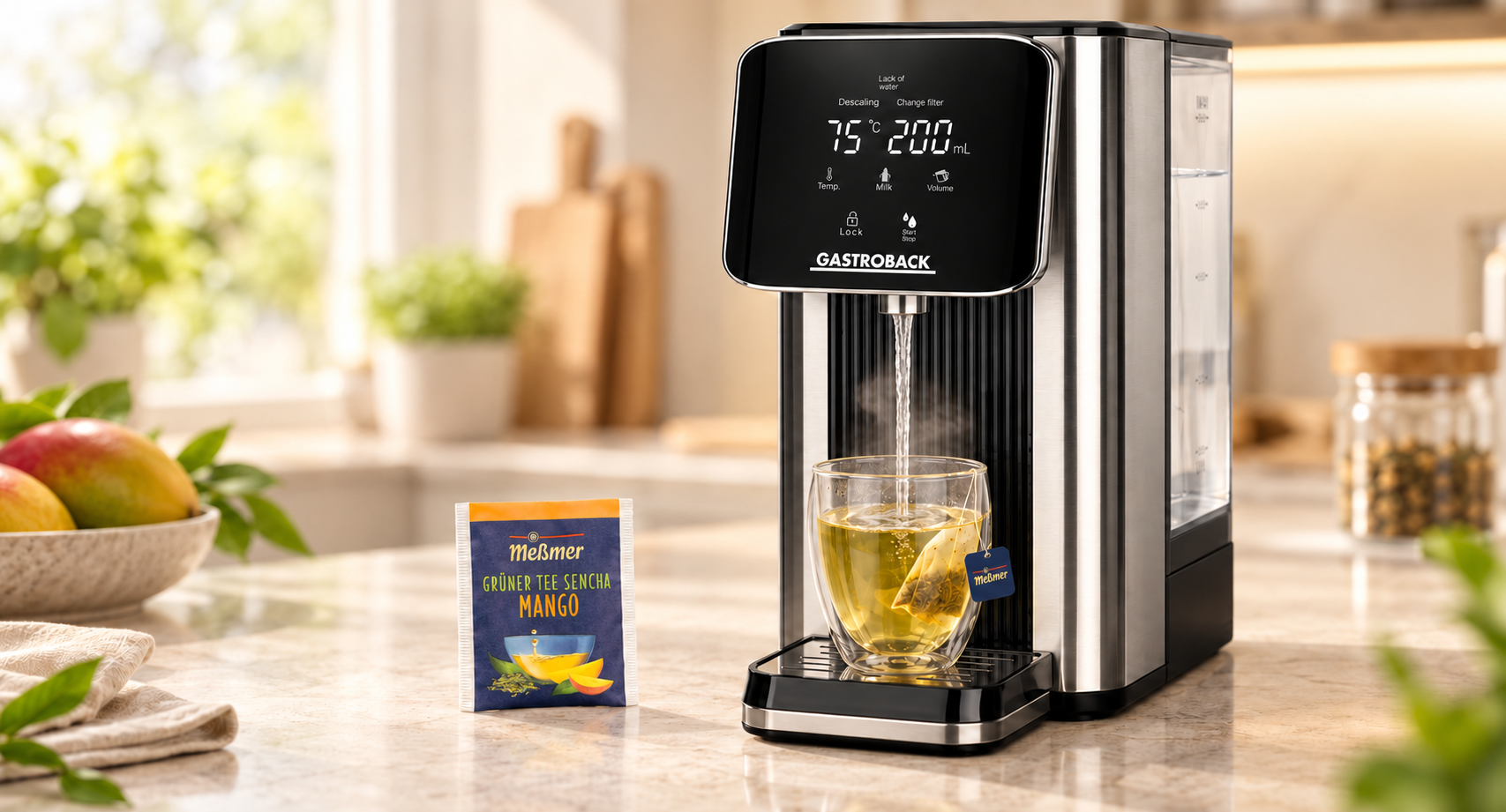 Quick Tea gibt heißes Wasser bei 75 °C in eine Tasse mit Meßmer-Tee aus