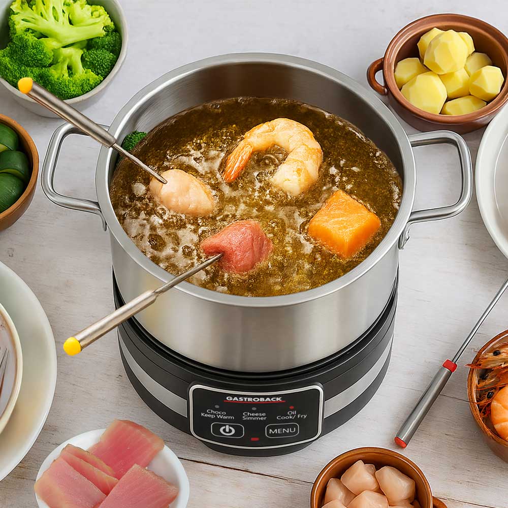 GASTROBACK® Fondue - 42568 - Fondue Multicook 4-in-1 & Kochplatte - 13 teiliges Fondue-Set mit induktiver Bratpfanne und Kochtopf für bis zu 8 Personen - Fett oder Öl-Fondue