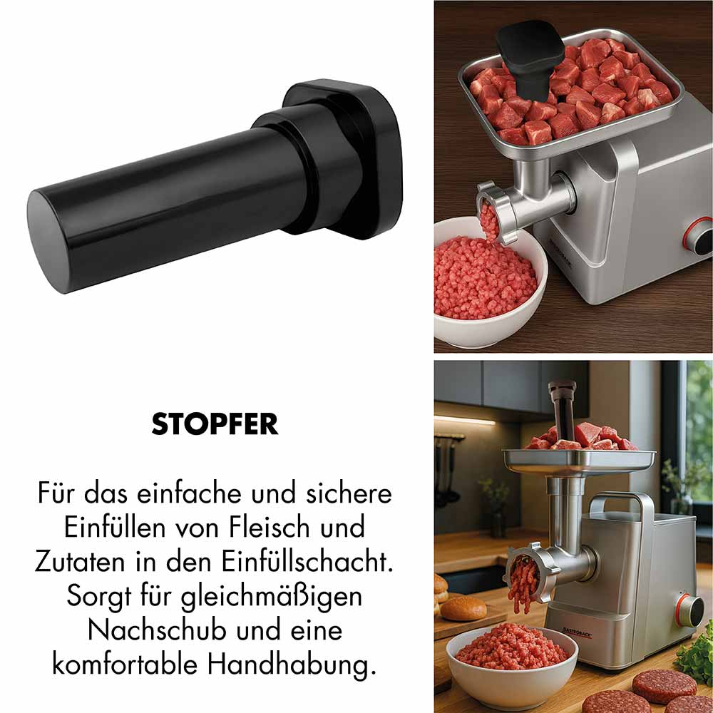 GASTROBACK® Fleischwolf - 41407 - Design Fleischwolf 6-in-1 Plus #6 GASTROBACK® Fleischwolf - 41407 - Design Fleischwolf 6-in-1 Plus #6 - Stopfer für das einfache und sichere Einfüllen von Fleisch und Zutaten in den Einfüllschacht. Sorgt für gleichmäßigen Nachschub und eine komfortable Handhabung.