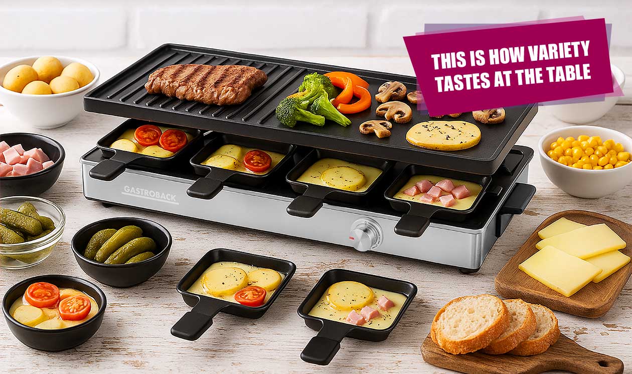 GASTROBACK® Raclette - 42563 - Raclette Grill & Pancake Station - for 8 people 2-in-1 multifunctional appliance with XXL double pans