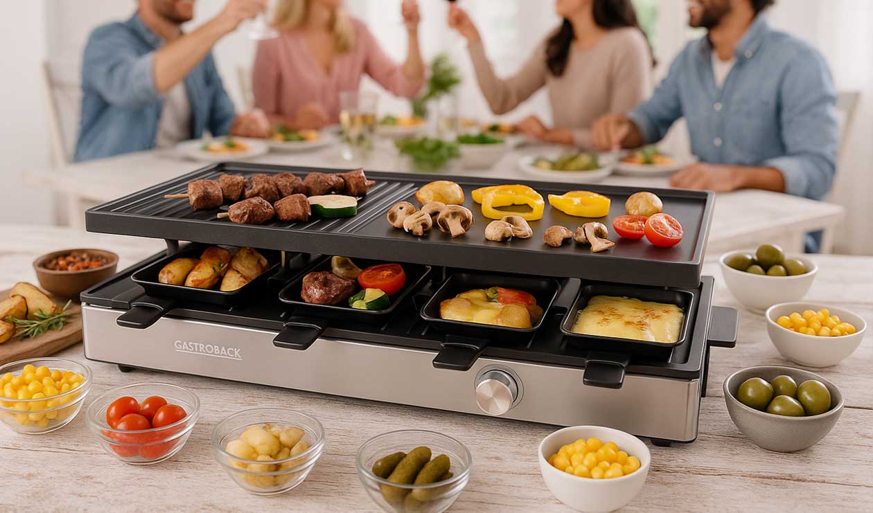 GASTROBACK® Raclette - 42563 - Raclette Grill & Pancake Station - für 8 Personen 2-in-1 Multifunktionsgerät mit XXL-Doppelpfännchen