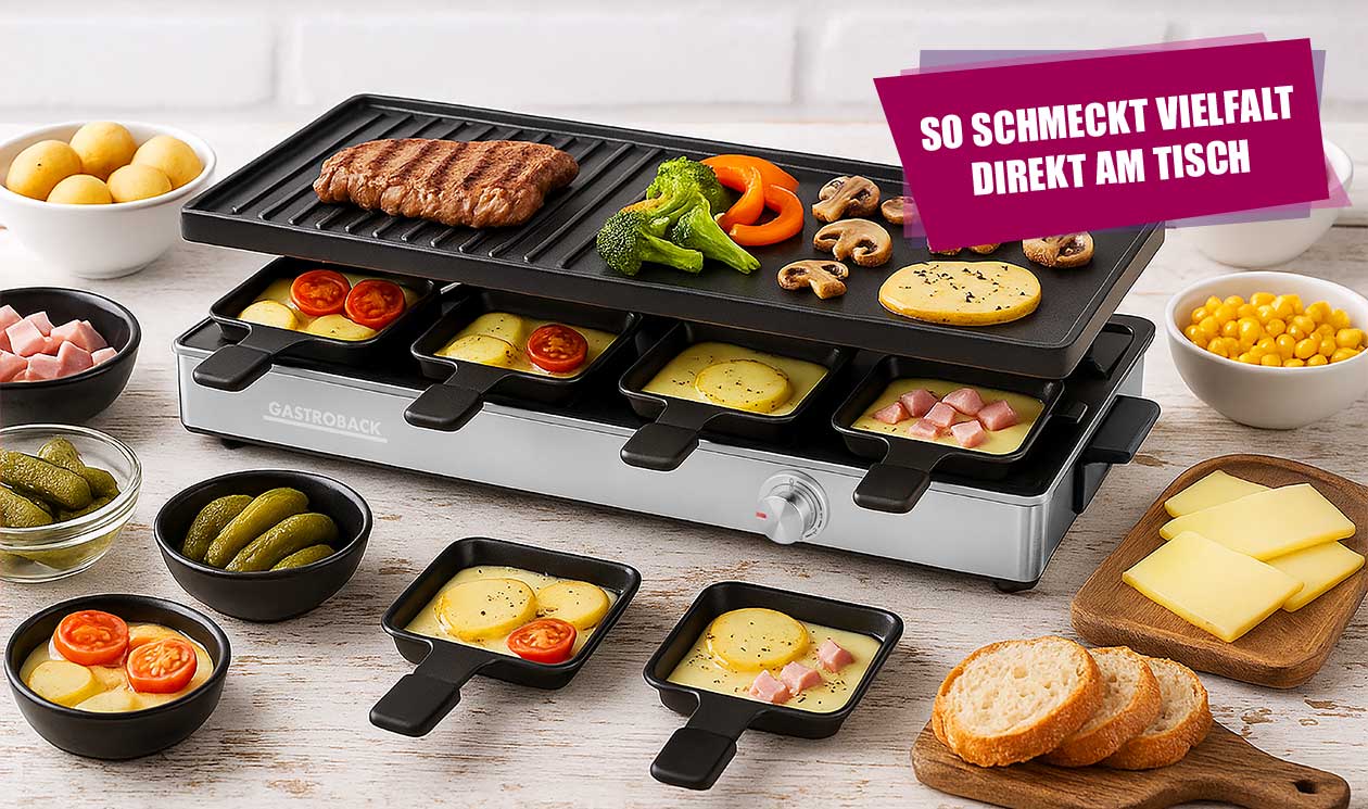 GASTROBACK® Raclette - 42563 - Raclette Grill & Pancake Station - für 8 Personen 2-in-1 Multifunktionsgerät mit XXL-Doppelpfännchen