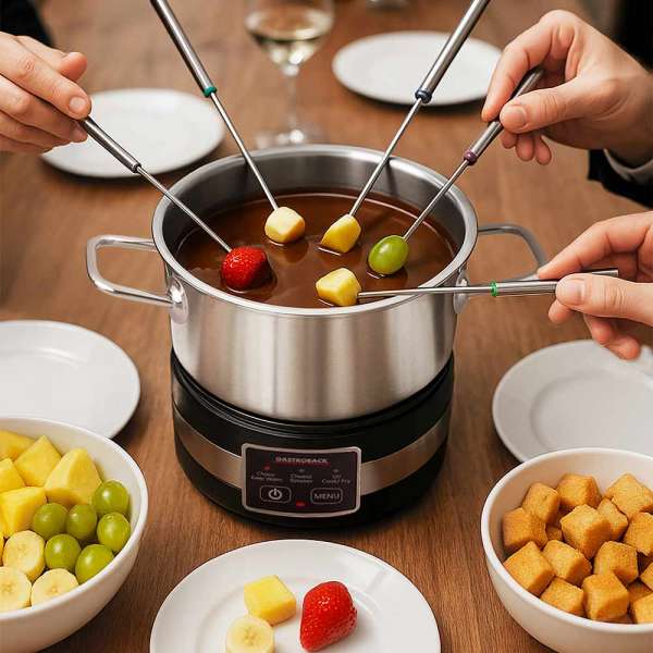 GASTROBACK® Fondue - 42568 - Fondue Multicook 4-in-1 & Kochplatte - 13 teiliges Fondue-Set mit induktiver Bratpfanne und Kochtopf für bis zu 8 Personen