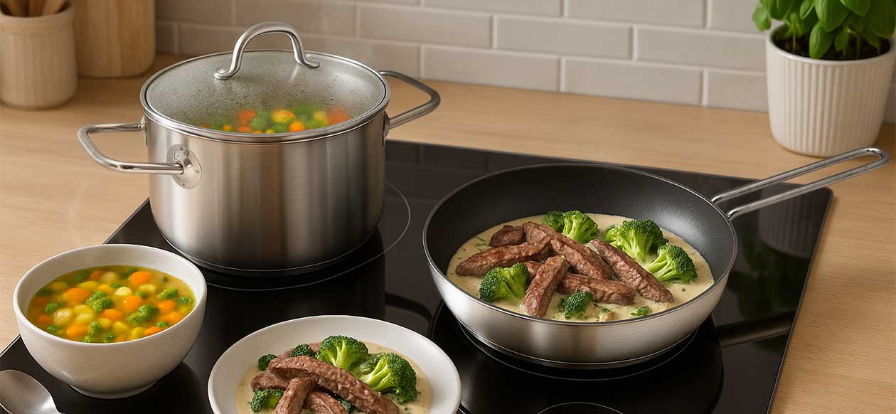 GASTROBACK® Fondue - 42568 - Fondue Multicook 4-in-1 & Kochplatte - 13 teiliges Fondue-Set mit induktiver Bratpfanne und Kochtopf für bis zu 8 Personen