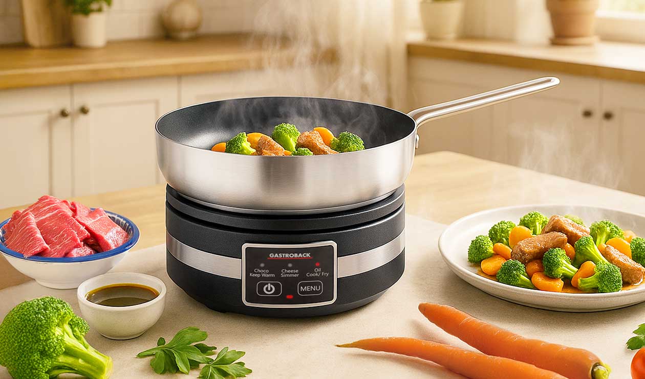GASTROBACK® Fondue - 42568 - Fondue Multicook 4-in-1 & Kochplatte - 13 teiliges Fondue-Set mit induktiver Bratpfanne und Kochtopf für bis zu 8 Personen