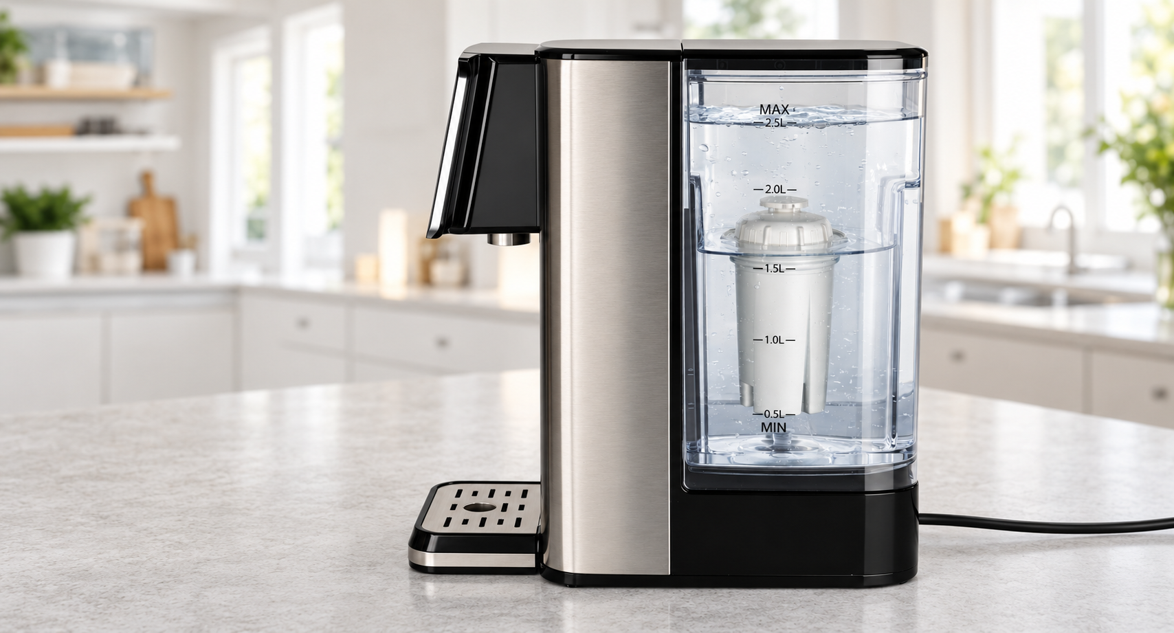Seitenansicht des Quick Tea mit transparentem 2,5-Liter-Wassertank