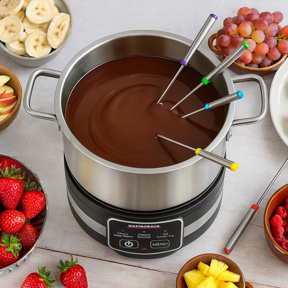 GASTROBACK® Fondue - 42568 - Fondue Multicook 4-in-1 & Kochplatte - 13 teiliges Fondue-Set mit induktiver Bratpfanne und Kochtopf für bis zu 8 Personen - Schoko-Fondue