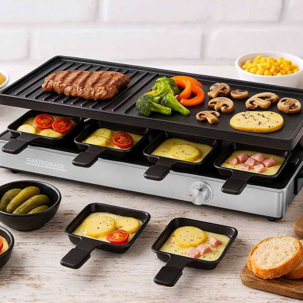 GASTROBACK - 42563 - Raclette Grill & Pancake Station - für 8 Personen - 2-in-1 - vielseitiges Multifunktionsgerät - XXL-Doppelpfaennchen