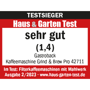 TESTSIEGER Filterkaffeemaschinen mit Mahlwerk - 42711 - GASTROBACK® Kaffeemaschine Grind & Brew Pro - Haus & Garten Test 2/2023 TESTSIEGER Filterkaffeemaschinen mit Mahlwerk - 42711 - GASTROBACK® Kaffeemaschine Grind & Brew Pro - Haus & Garten Test 2/2023